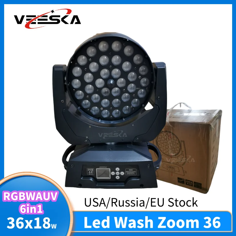 0 Tax 36x18W LED Wash Zoom Moving Head Light RGBWA+UV 6in1 for Professional Disco Party Bar Stage Effect Lighting DMX 18 Channel