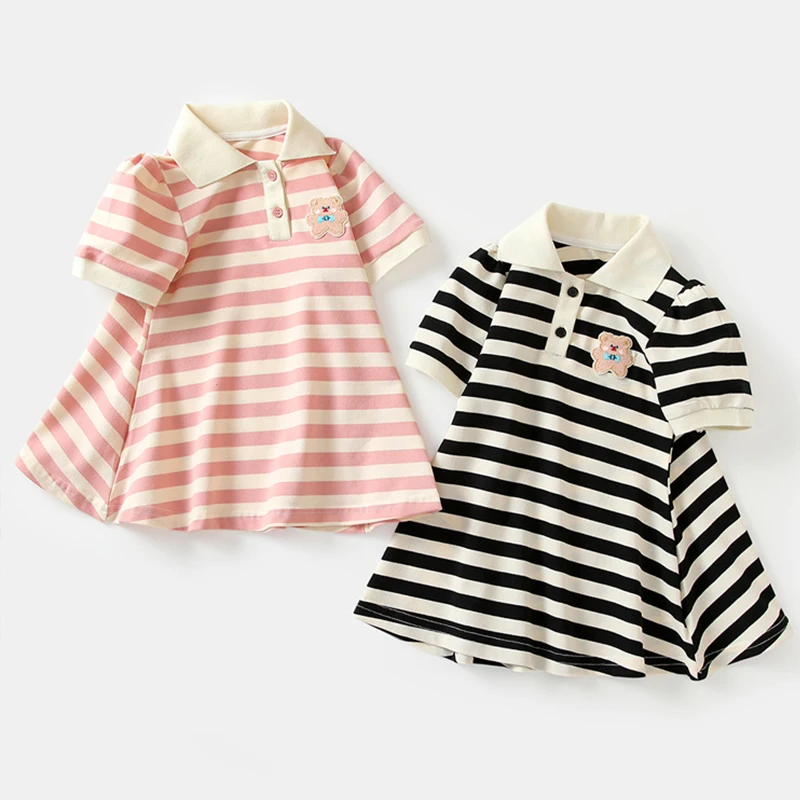 

Girls polo dress striped teddy bear summer girls college style casual short sleeved western-style dress princess skirt