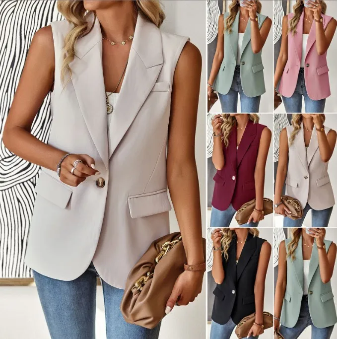 

Women Spring Summer Suit Coat Vest Turndown Collar Sleeveless Button Pocket Solid Color Casual Fashion Regular Vest Jacket