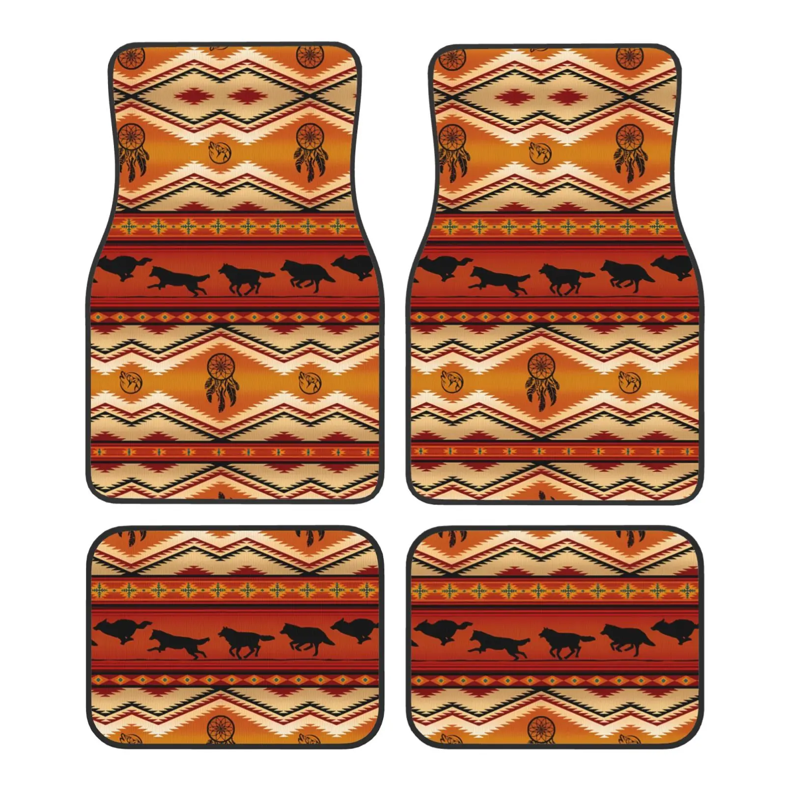 Orange Aztec Wolf Pattern Print Car Waterproof Rubber Car Mats 4PCS Car Floor Carpets Rugs Non-Slip Auto Foot Mats Floor Mat