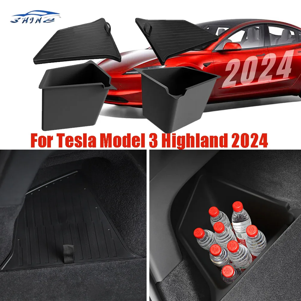 

For Tesla Model 3 Highland 2024 Trunk Side Storage Bins Cargo Compartment Liners TPE Box Boot Organizer Bucket With Lid