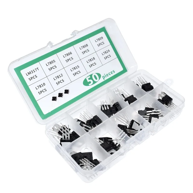 LM317T L7805 L7806 L7808 L7809 L7810 L7812 L7815 L7818 L7824 Transistor Assortment Kit 10value*5pcs  50PCS Voltage Regulator Box