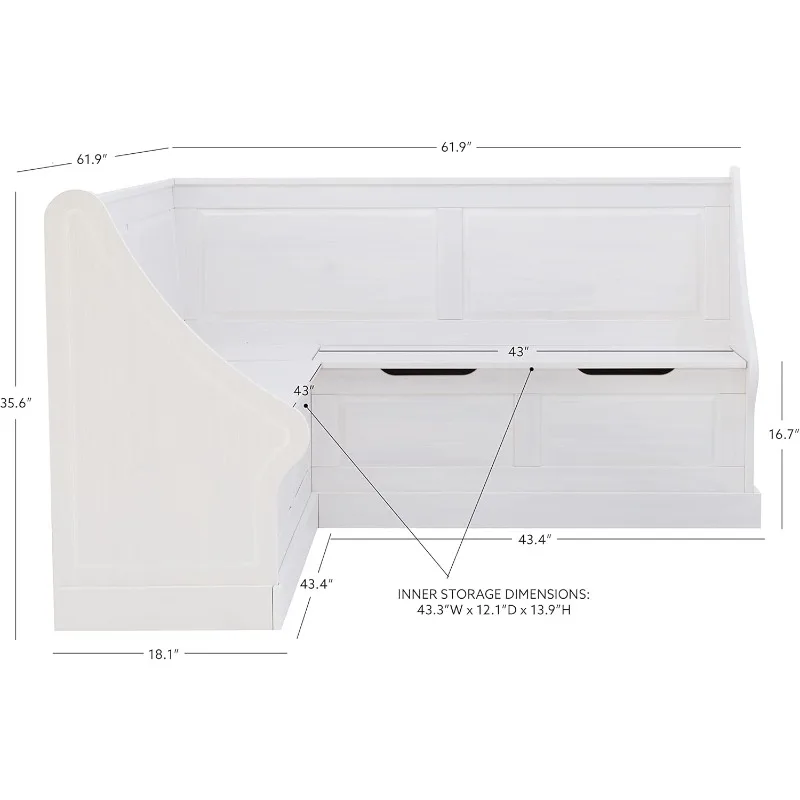 

White Corner Breakfast Nook - Nook Only, Table is NOT included! 20.88D x 61.88W x 36.63H in