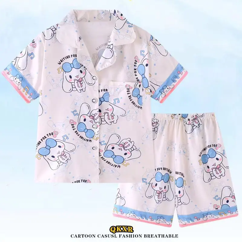 Sanrios Anime Kuromi Pajamas Set Cartoon Cute My Melody Summer Cardigan Loose Fitting Leisure Short Sleeved Pants Suit Girl Gift