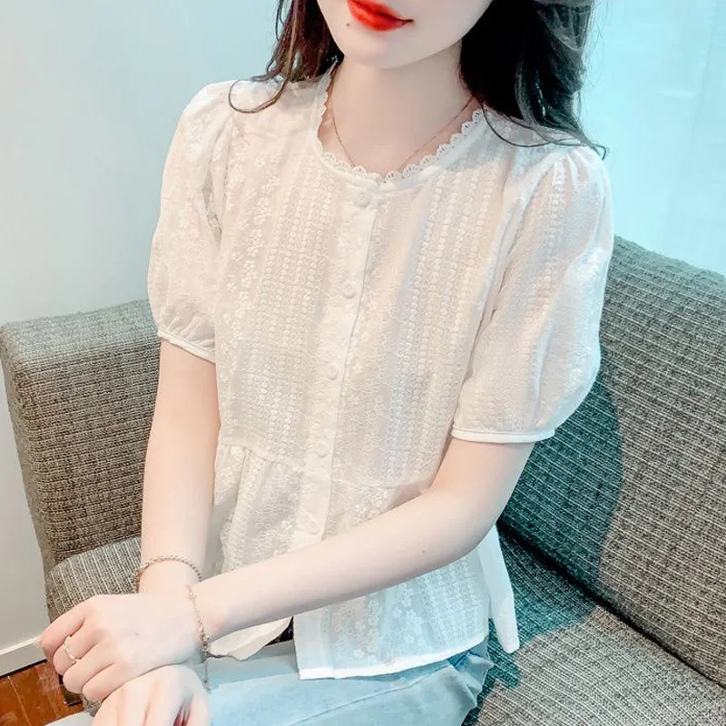 Spring Summer New Round Neck Fashion Solid Color Shirt Women High Street Elegant Button Patchwork Cardigan Lace All-match Tops