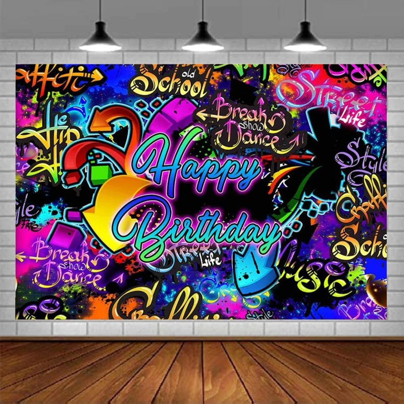 Neon Graffiti Birthday Photography Backdrop Retro Hip Hop 80s 90s Party Background Dark Glow Splatter Birthday Party Decorations