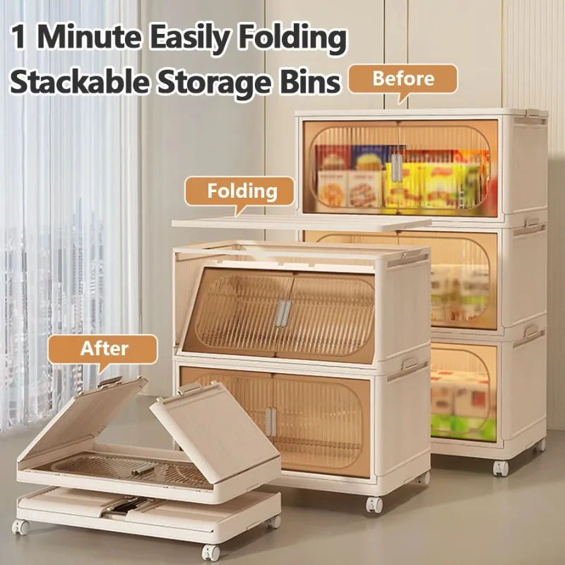 

3/4/5 Tiers Plastic Folding Storage Bins with Lid Closet Organizer Storage Containers with Wheels for Living Room