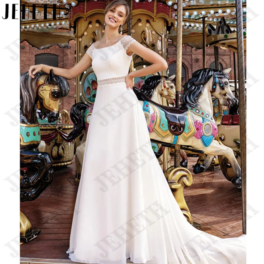 JEHETH Cap Sleeves Chiffon Bridal Dresses Sleeveless Lace Wedding Gowns Backless Back Buttons vestido de noiva casamento 2024