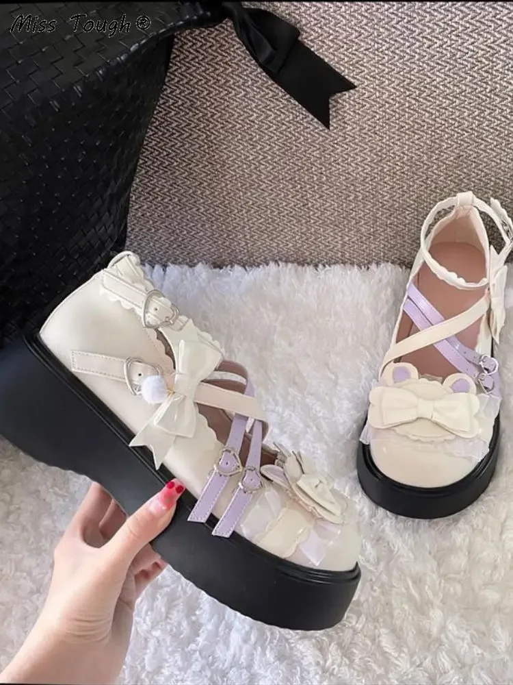 Lolita Sweet Sandals Women Japanese Style Bow Lace Kawaii Mary Janes Shoes Buckle Design Round Toe Casual platform Shoes 2022