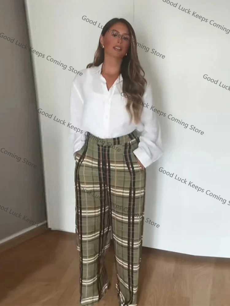 Fashion Panelled Plaid Pants Women's Loose High Waist Straight All-match Long Trousers 2025 Autumn New Ladies Casual Streetwear