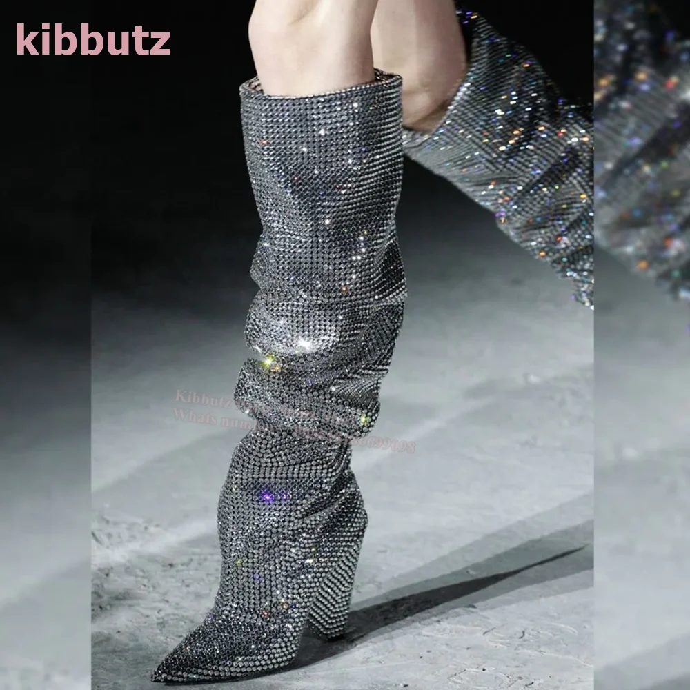 

Dazzle Diamonds Knee High Boots Glossy Pointed Toe Spike Heel Ruffles Stacked Pleated Stirrups Runway Show Fashion Sexy Shoe New