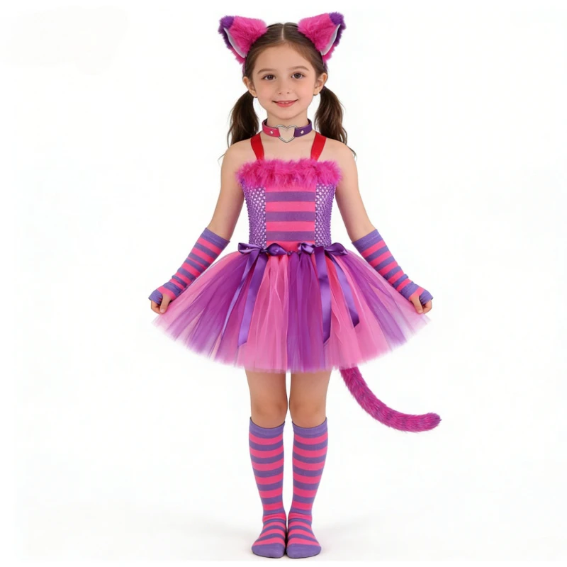 Cute Cartoon Outfits for Girls, Kids Halloween Carnival Party Clothes Sets, Girls' Fairy Magic Striped Cat Tulle Tutu Dress