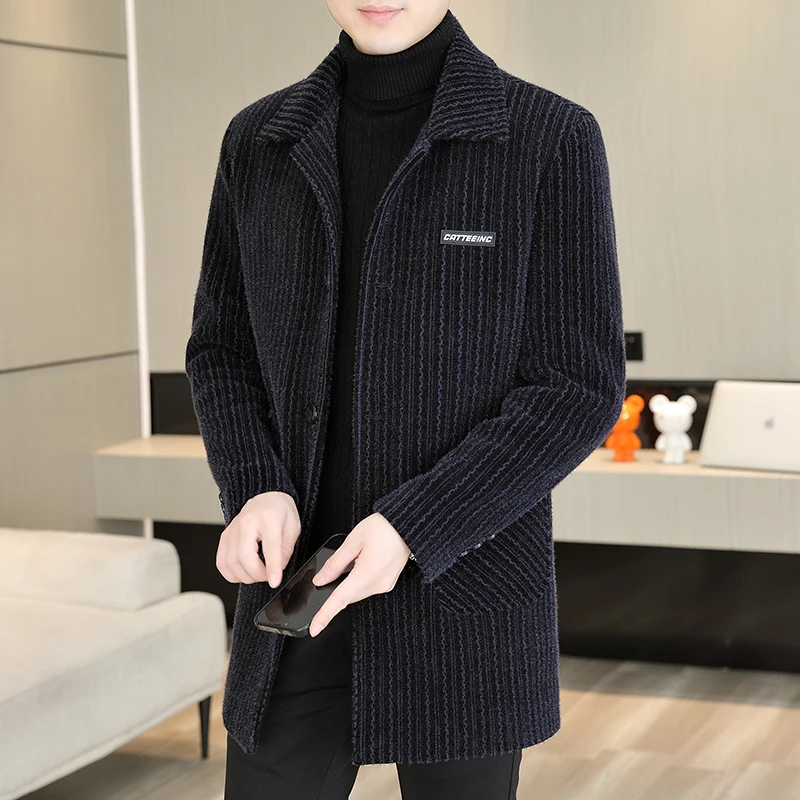 

Thick mid-length lapel striped woolen overcoat for autumn and winter, casual and high-end woolen style coat