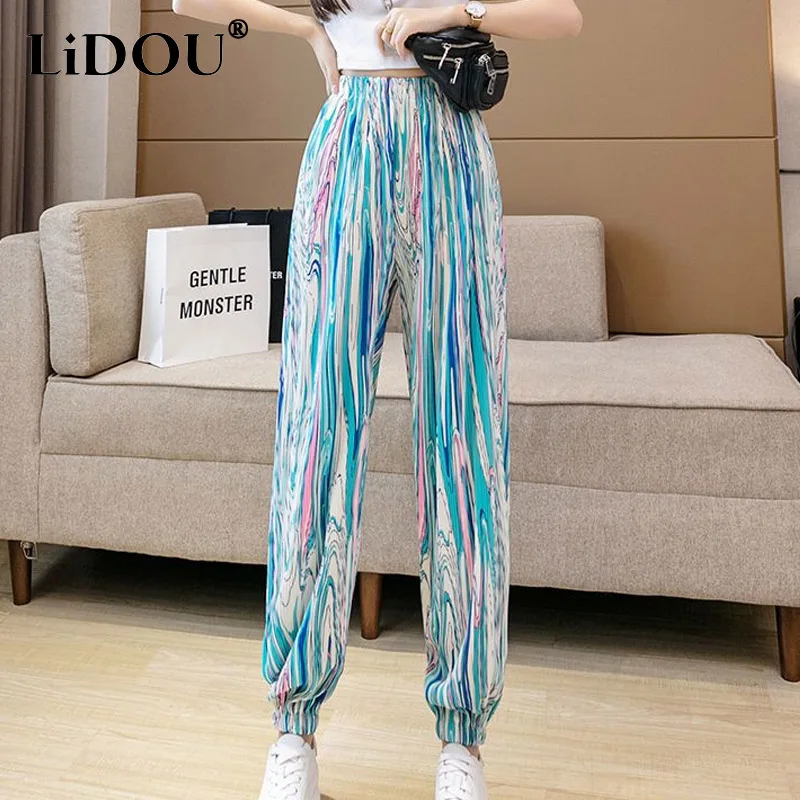 

2023 Summer New Multicolored Printing Thin Style Knickerbockers Women Elastic Waist High Waist Loose Ventilate Pencil Pants