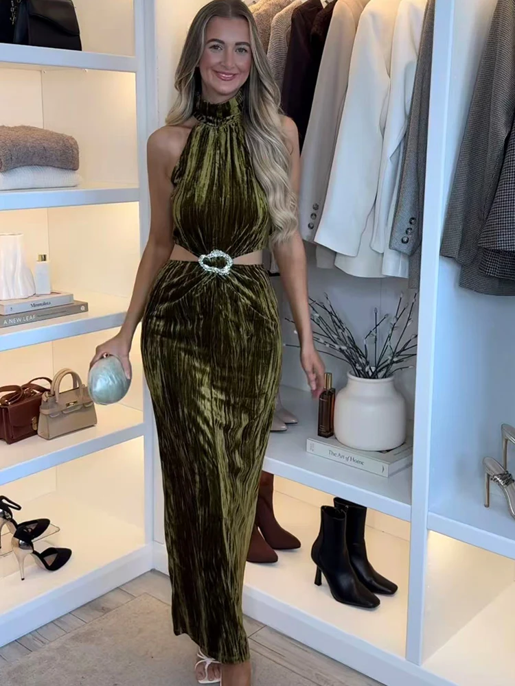 TFMLN 2026 Nowa Damska Sukienka z Dekoltem typu Halter Elegancka Modna Bez Rękawów z Wycięciami Wyszczuplająca Sukienka na Imprezę Długa Sukienka Damska Seksowna Sukienka Wieczorowa