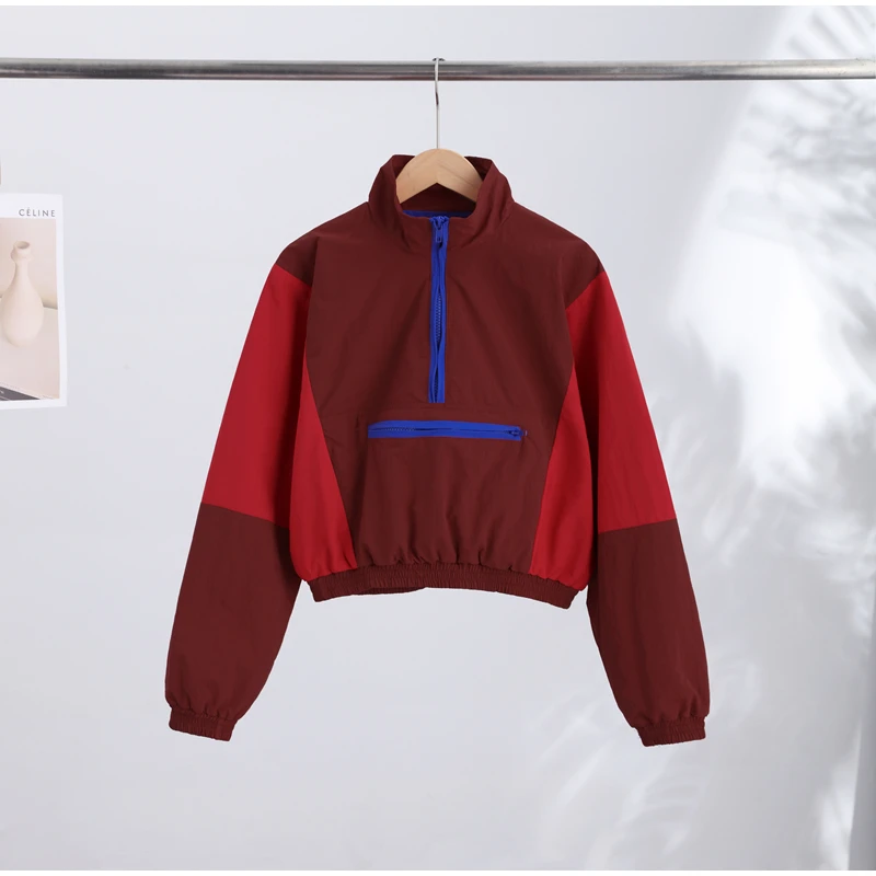 Contrast Color Fashion Wind Jacket Turn Down Collar Zipper Elastic Cuff Hem Long Sleeve Windproof Coat 2026 Autumn Women Coats