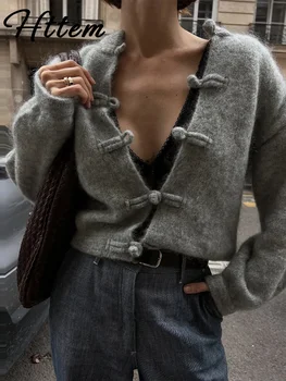 Elegant Knit Grey Women Cardigan Fashion Long Sleeve Button O-neck Female Knitwear 2026 Autumn Winter Fashion Lady Sweater