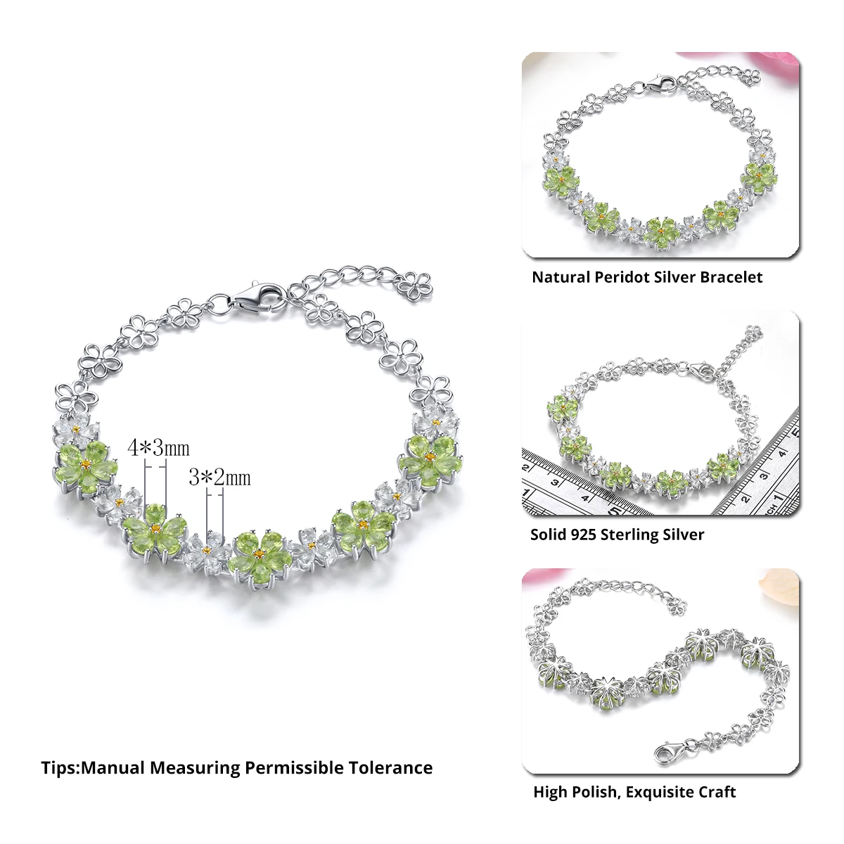 Natural Peridot Solid Sterling Silver Bracelet 6.2 Carats Genuine Gemstone Flower Design Romatic Elegant Design S925 Rhodium