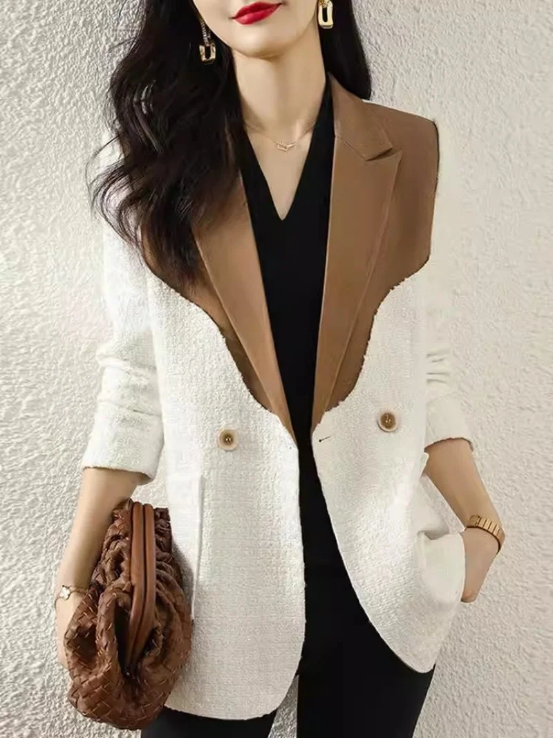 White Fashion Jacket Blazer For Women Spring, Slim Fit, Versatile, Contrasting Color Suit Design Outerwear j379
