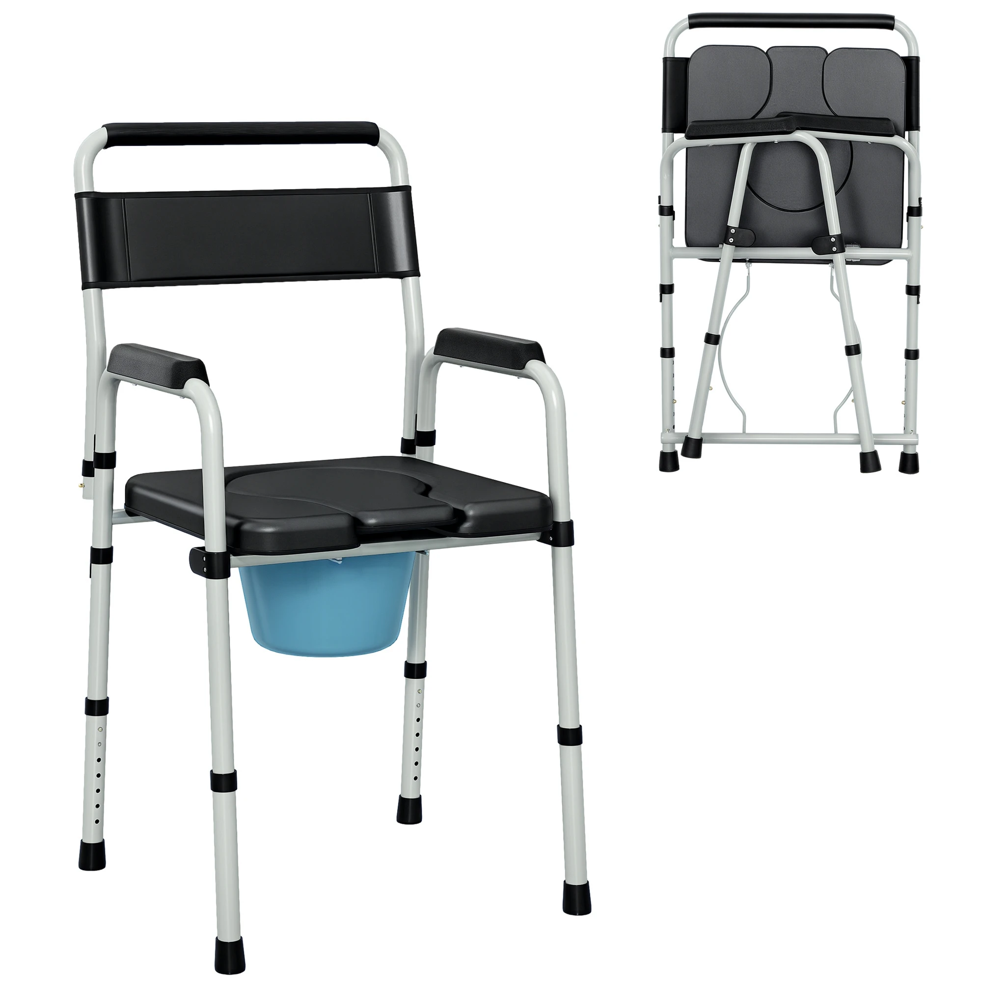 HOMCOM Silla WC Personas Mayores Plegable Altura Ajustable Carga 150 kg Negro