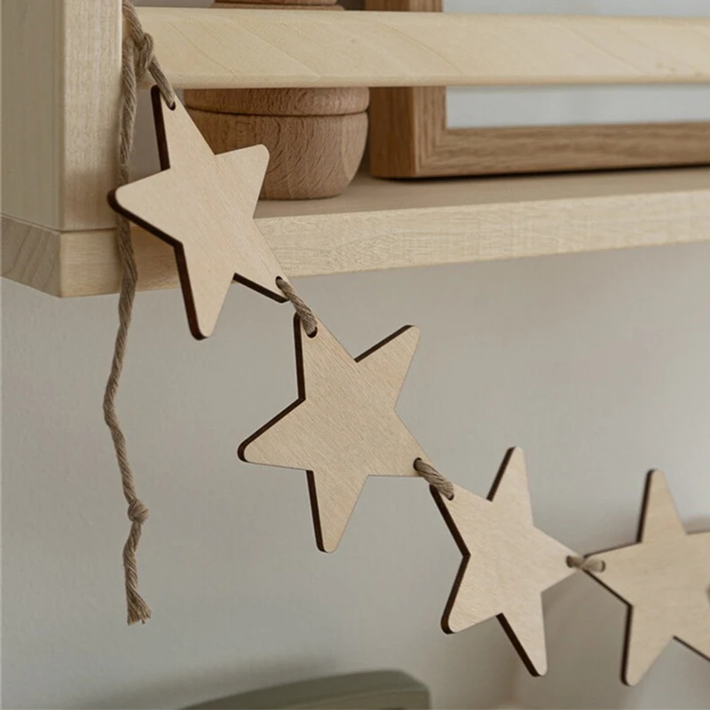 Wooden Stars Garland Wooden Star Banner Wall Hanging Ornaments Shower Pull Flag Party Bunting Banner For Room Wall Decoration
