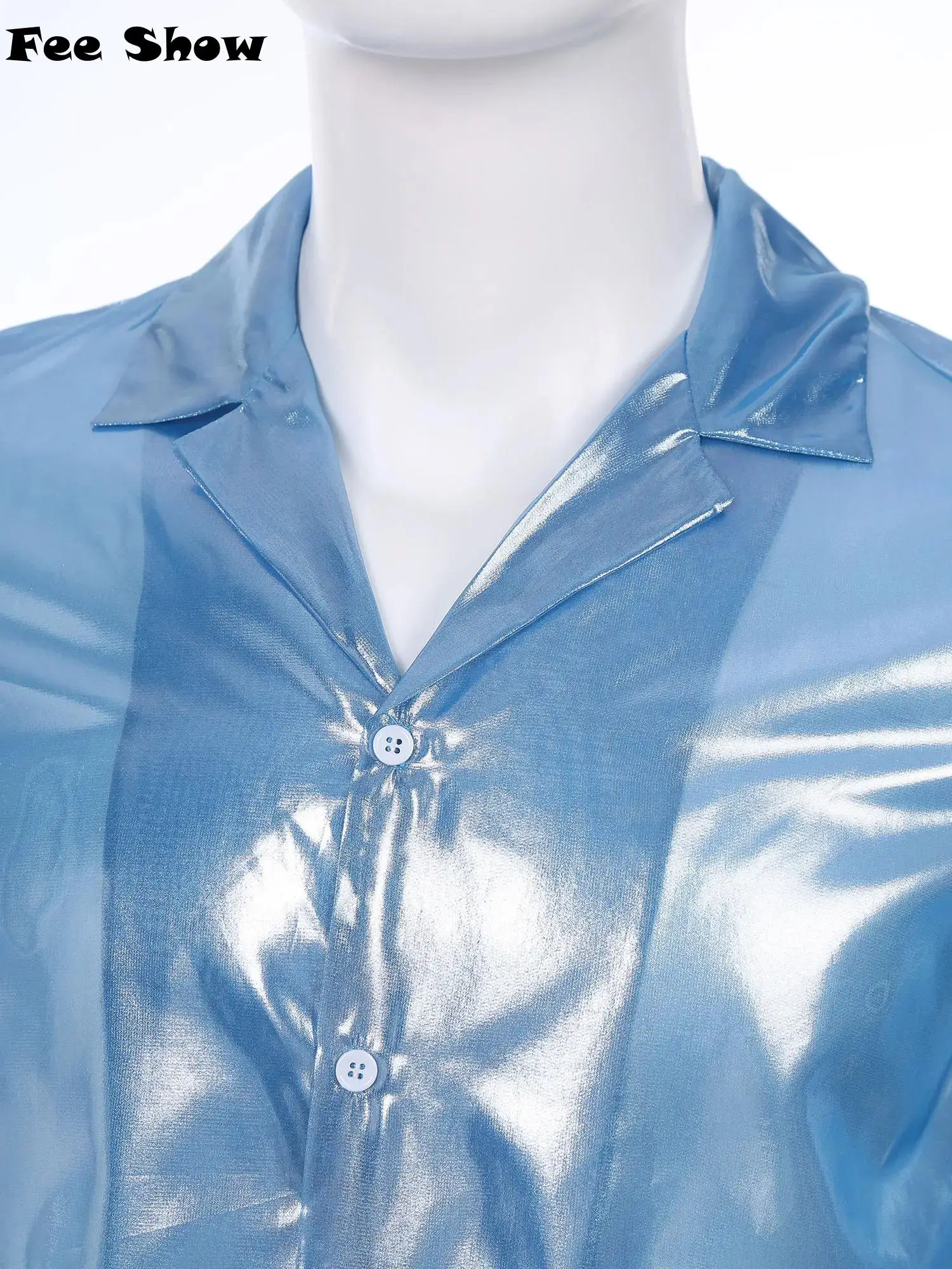 

Мужская прозрачная рубашка, топ с отложным воротником и коротким рукавом, блузка с блестящими пуговицами, футболки, пляжная одежда, клубная одежда