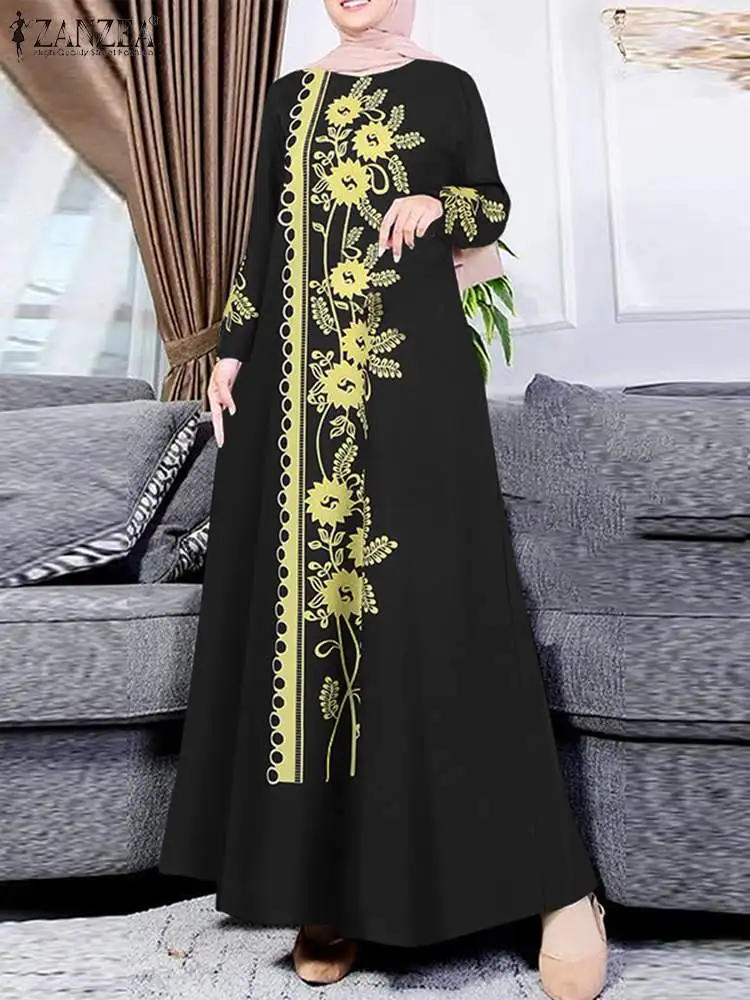 ZANZEA Women Stylish Floral Printed Maxi Dress Muslim Abaya Robe Femme Vintage Long Sleeve Sundress Vestidos IsIamic Clothing