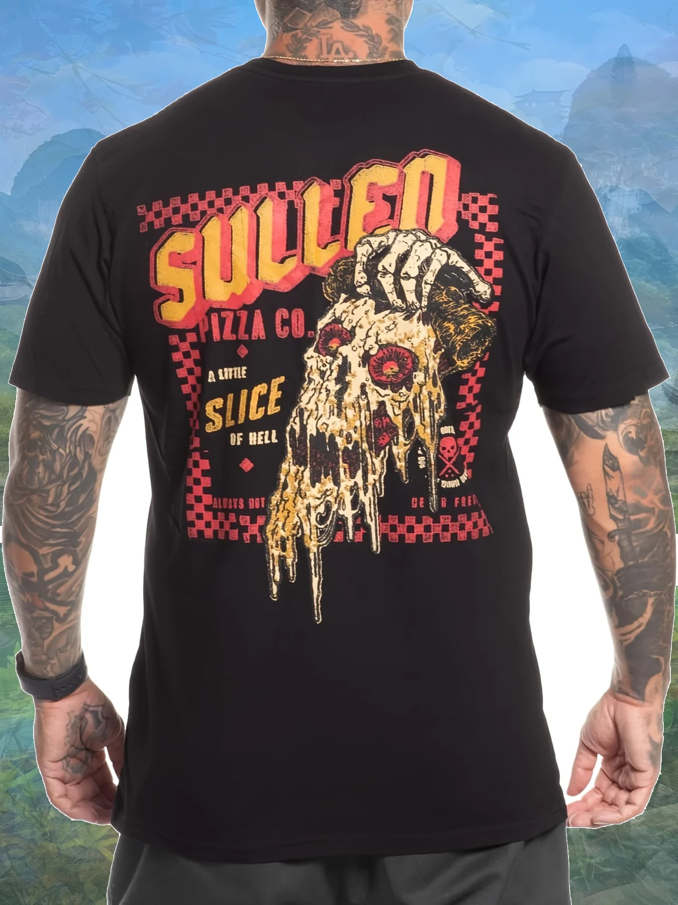 Sullen Camiseta de manga corta premium con cápsula gráfica de estilo de vida y tatuaje de pizza para hombre, camiseta de manga corta con cuello redondo de algodón de 220g