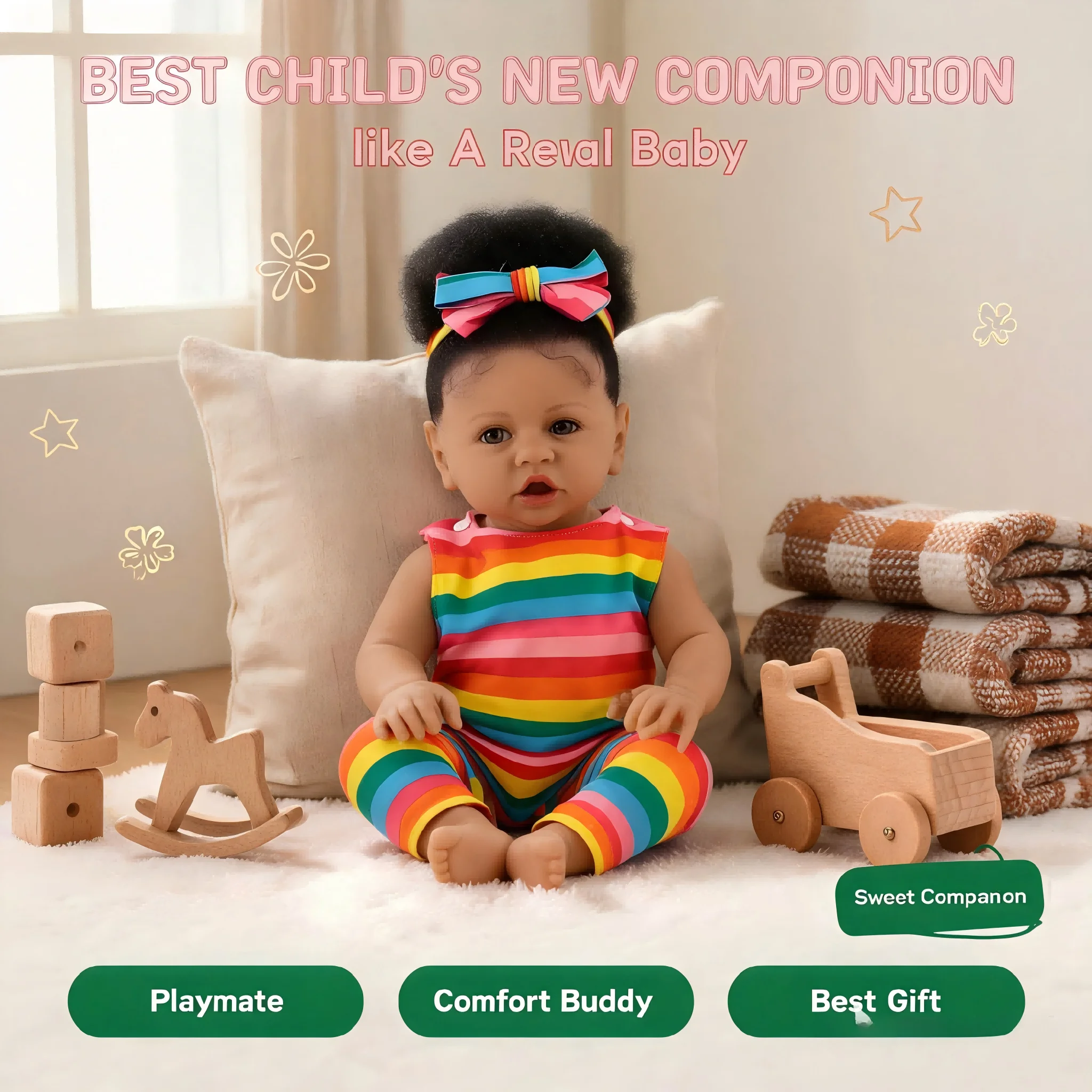 22 Inch High-Definition Reborn Doll Realistic Newborn Doll Fluffy Curly Hair Fine Hand-Painted Features Soft Vinyl Material Suitable for Ages 3+ Birthday Holiday Collectible Gift