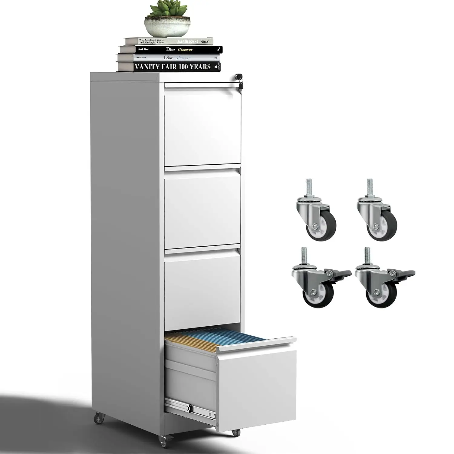4-Drawer Metal Mobile File Cabinet with Lock & Wheels for Home Office Legal/Letter Hanging Folders, Unassembled, Customized