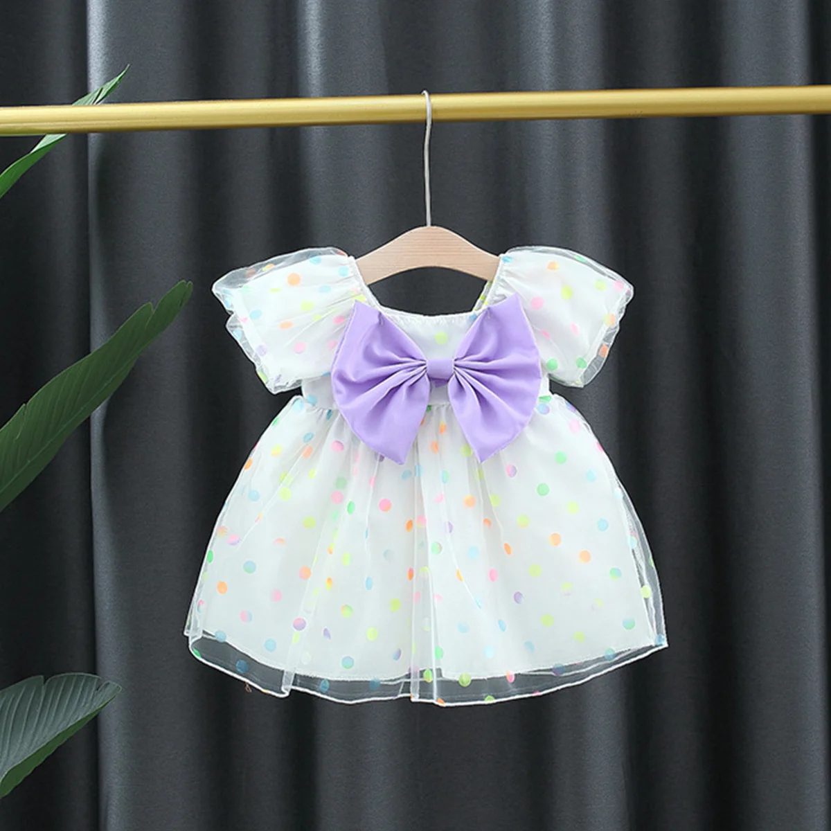 Baby Birthday Party Dress Girl Baby Colorful Dot Bow Mesh Beautiful Princess Dress Summer Toddler Short Sleeve Clothing