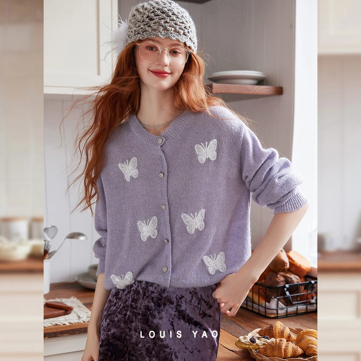 

LOUIS YAO Wool-Blend Cardigan Coat with Butterfly Pattern 2025 Autumn/Winter Knitted Sweater Stylish Outerwear for Women