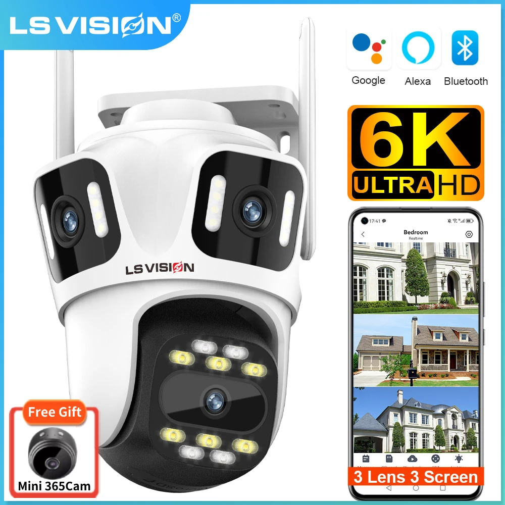 LS VISION 6K HD WiFi IP Camera Outdoor Three Screen Wifi Security Camera Auto Tracking PTZ IP Camera Video Surveillance CCTV Cam