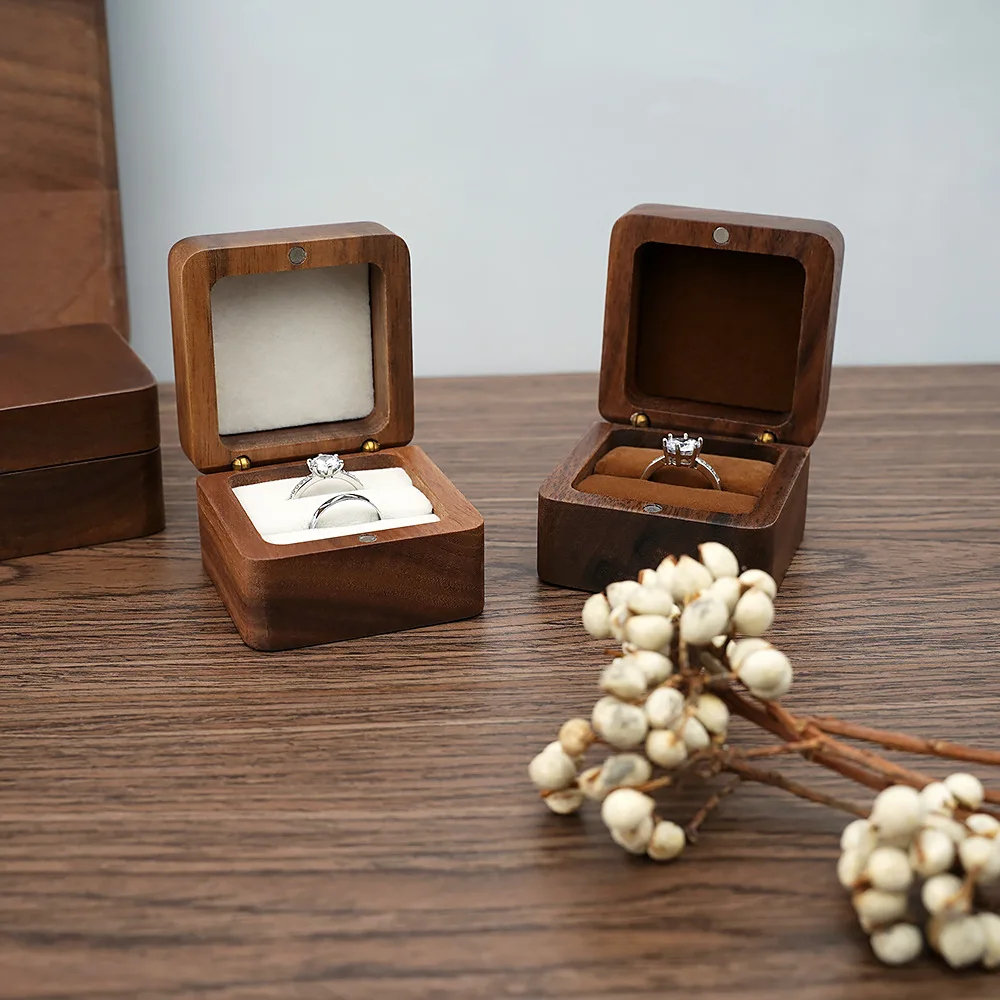 Vintage Wooden Ring Box for Single and Double Rings