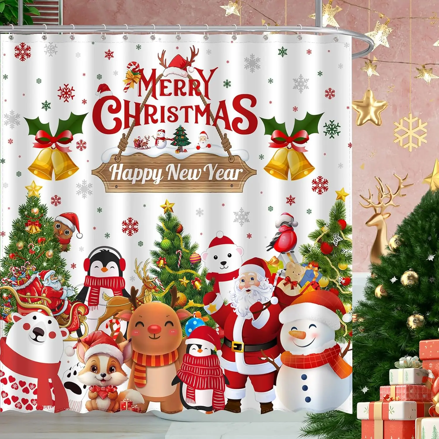 Merry Christmas Happy New Year Shower Curtain Santa Claus Snowman Reindeer Winter Snowflake Xmas Bathroom Decor with Hooks