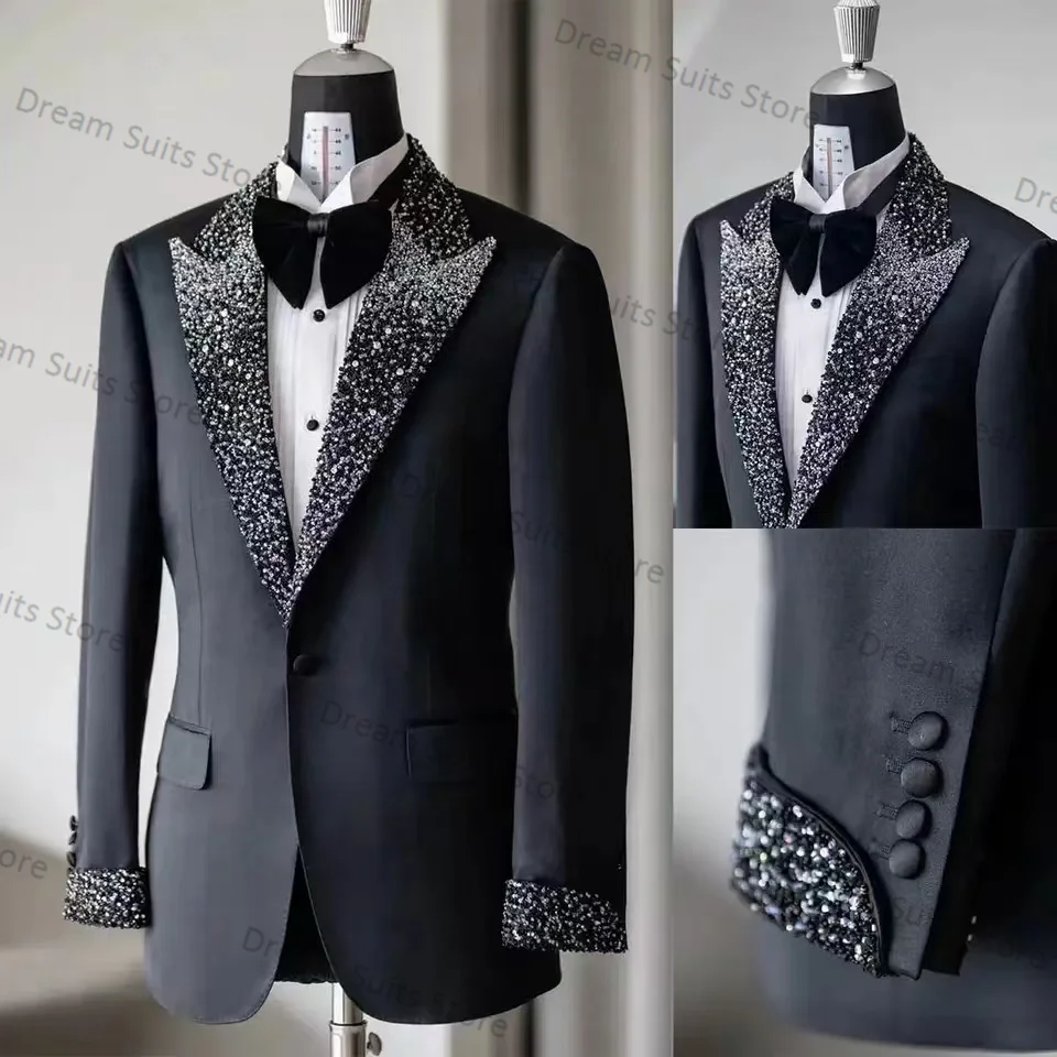 

Black Beaded Men Suits Set 2 Pieces Blazer+Cotton Pants Custom Made Jacket Wedding Tuxedo Office One Button Custom Made Coat