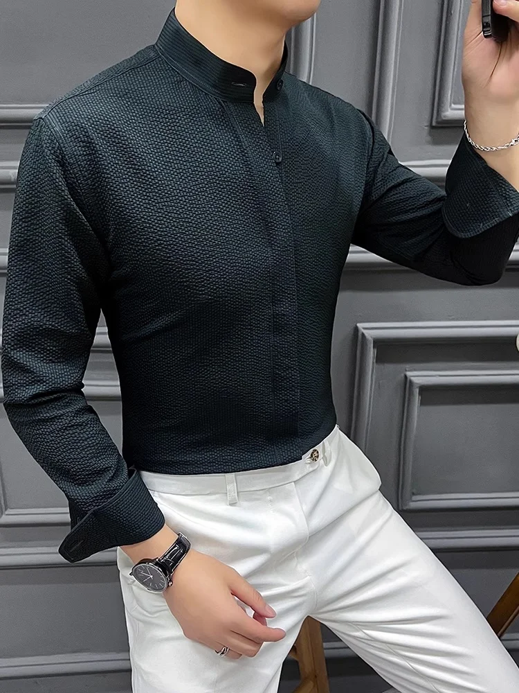 

New Chinese Sle Long Sve Bubble irt Men's Slim Fit Casual Busin Spring Autumn Faion Trend Stand Collar Hidden Button