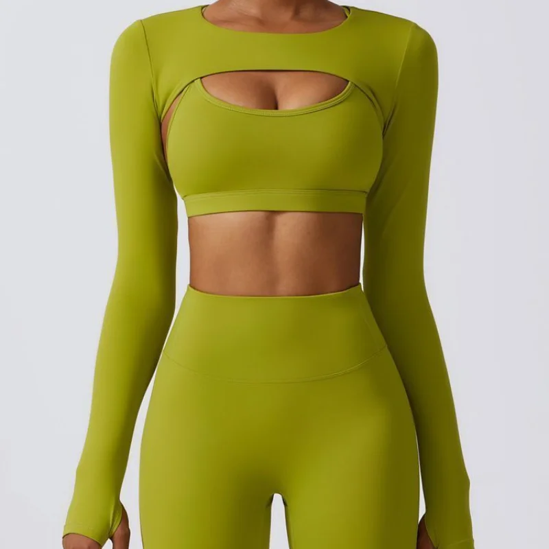 Women's Sexy Tight Yoga Clothes Two-Piece Set with Chest Pad Sports Running Short Top Outerwear Long Sleeve round Neck Dry Fast