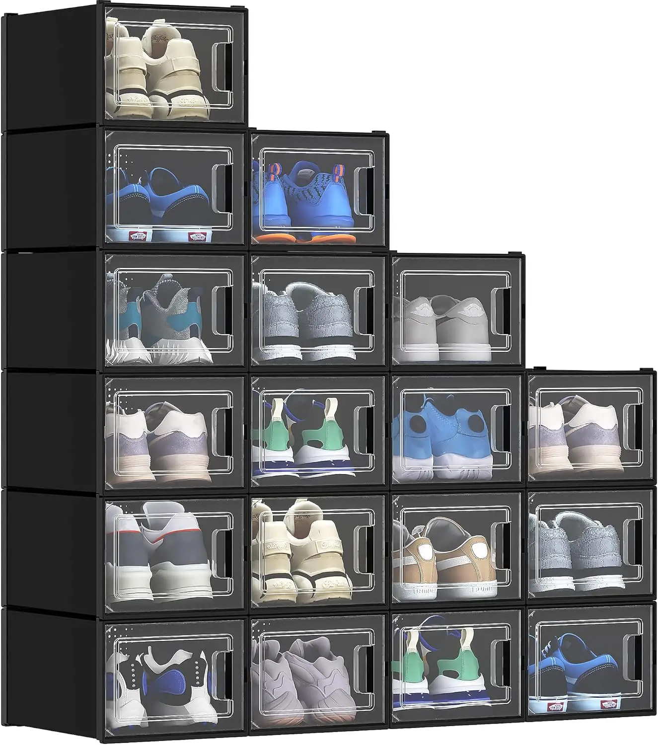 

Stackable Shoe Storage Organizers And Containers - 18 Pcs Medium Size Boxes With Drawers - Black