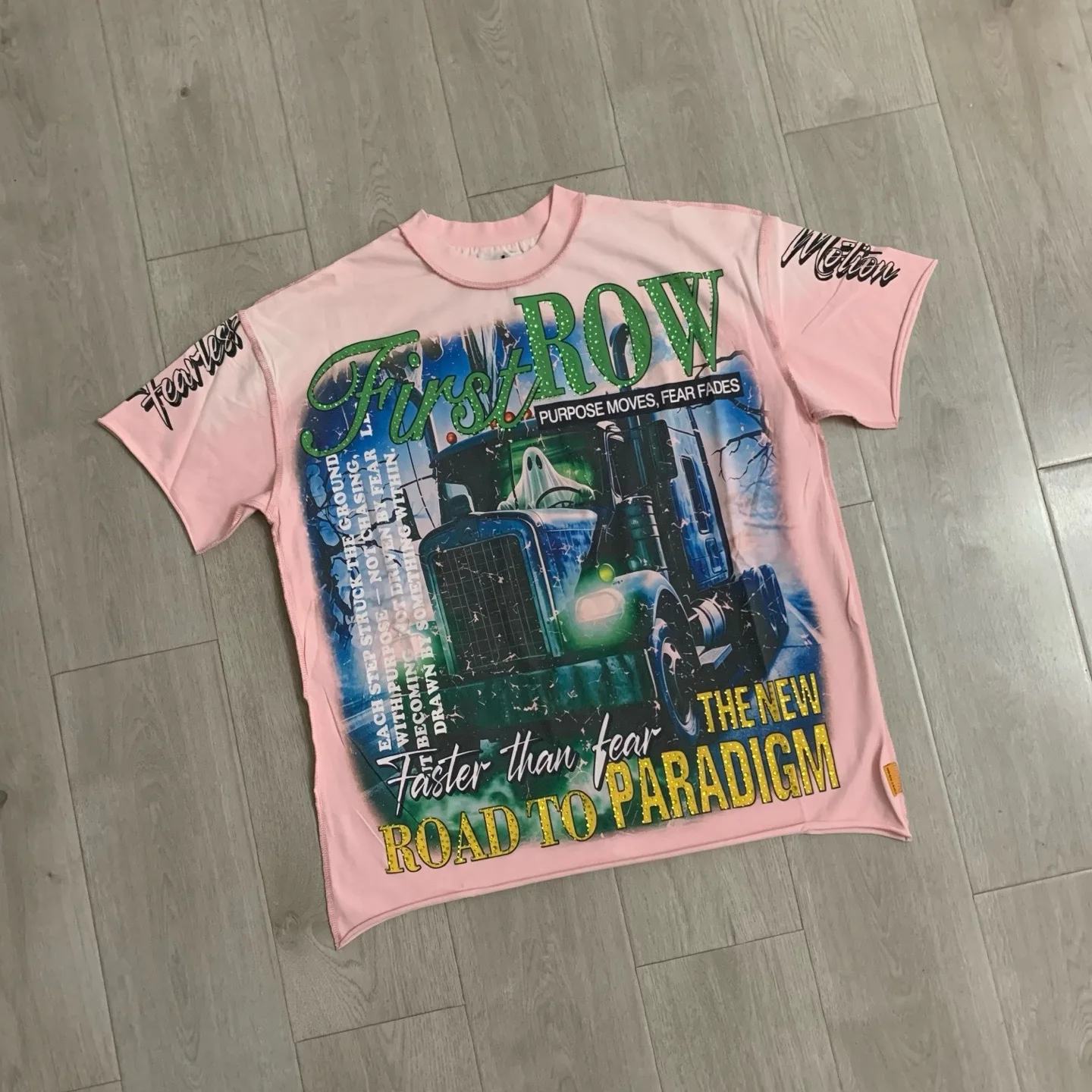 First Row Direct Printing Printed Loose Fit Vintage Weathered Backstitched Rolled Edge Casual Beaded Short-Sleeved T-Shirt