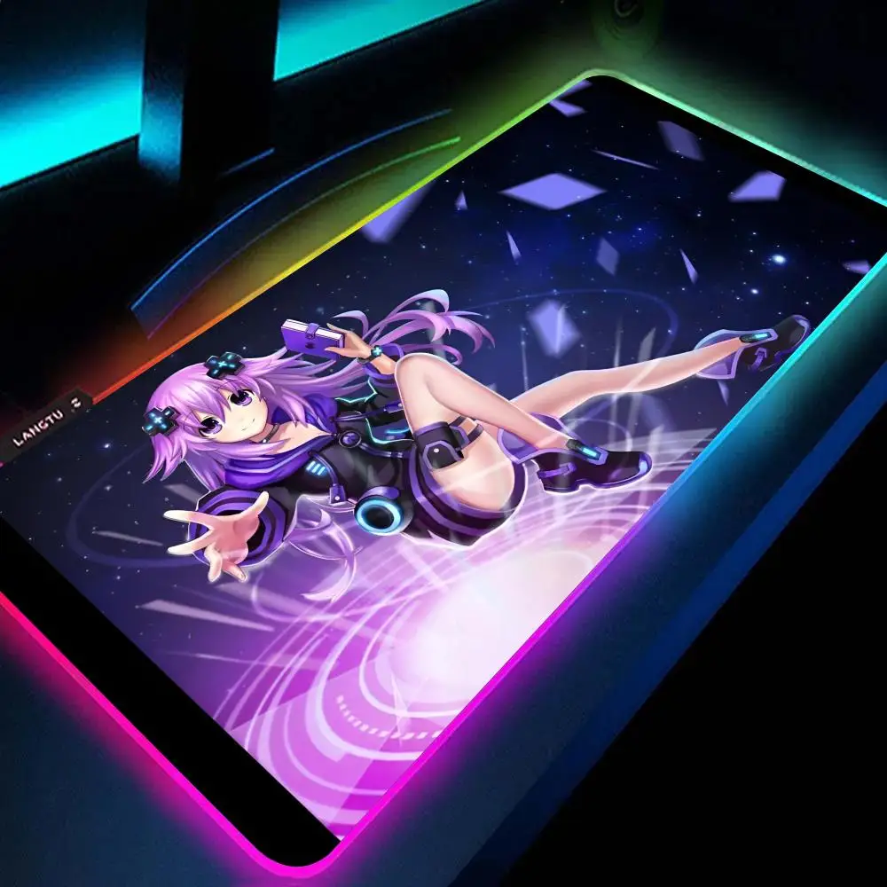 Anime Hyperdimensions Neptunias MousePad RGB Large Gaming MousePad Non-slip Rubber Base Keyboard Pad Large Luminous LED MousePad