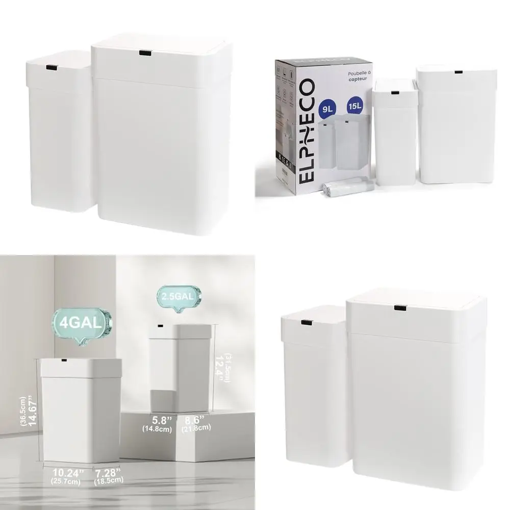 

2-Piece Automatic Trash Cans with Motion Sensor, 2.5L & 4L Gallons, Waterproof Bathroom Bin Set, White