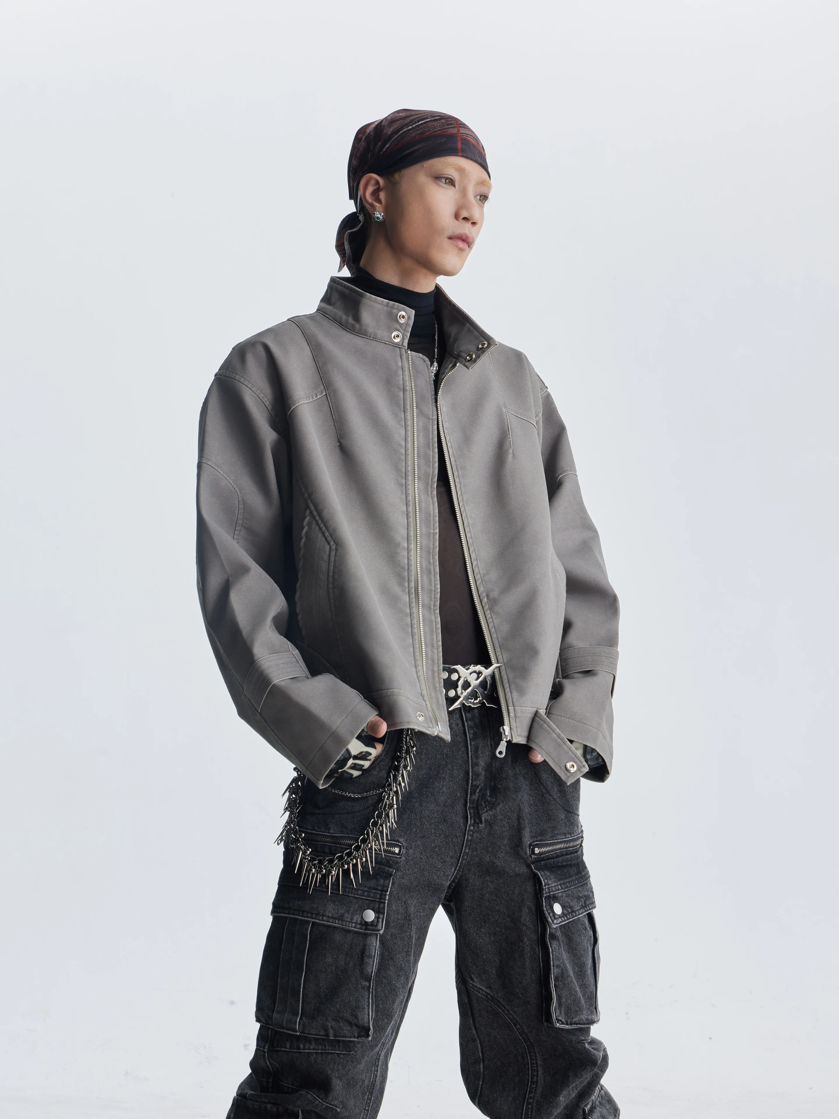 Distressed Structure Patchwork Stand-up Collar Loose Short Zipper Leather Jacket Coat All-Match Men and Women Fashion