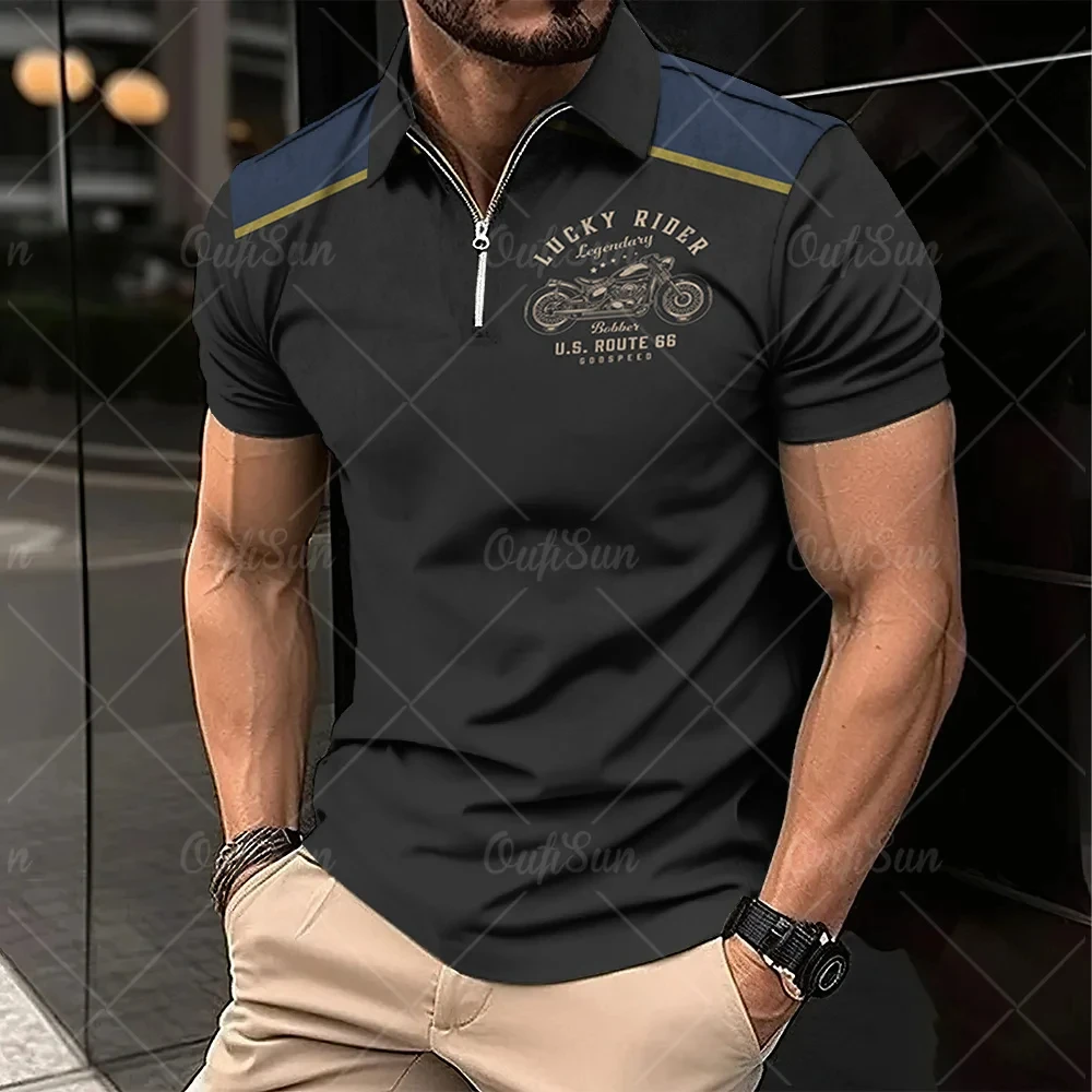 2024 Vintage Summer Short Sleeve Polo Shirt Men Half Zip Up Lapel Classic Motorcycle Graphic Men Polo Shirts Oversize Streetwear image 6