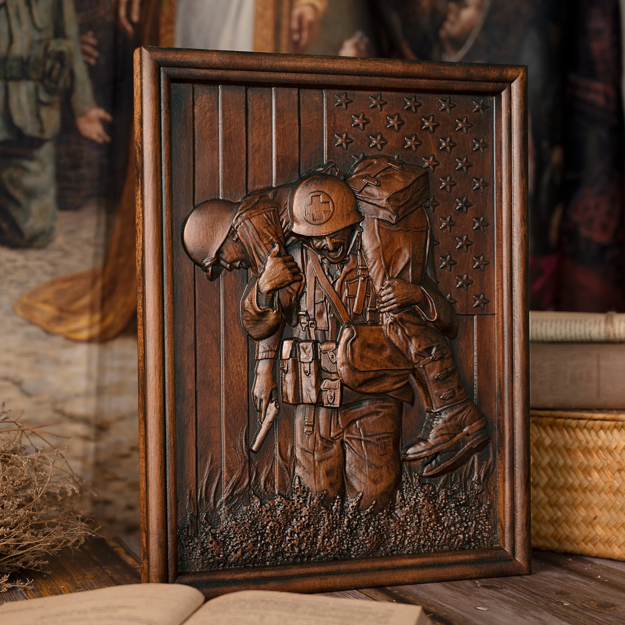Patriotic Military Soldier Medic Wood Carving Wall Plaque American Flag Relief Wooden Wall Art Veteran Memorial Decor Gift