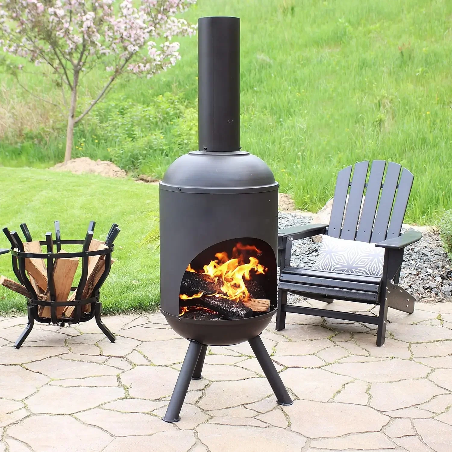 5-Foot Black Cold-Rolled Steel Modern Chiminea with Durable Wood Grate - Heat-Resistant Paint Finish