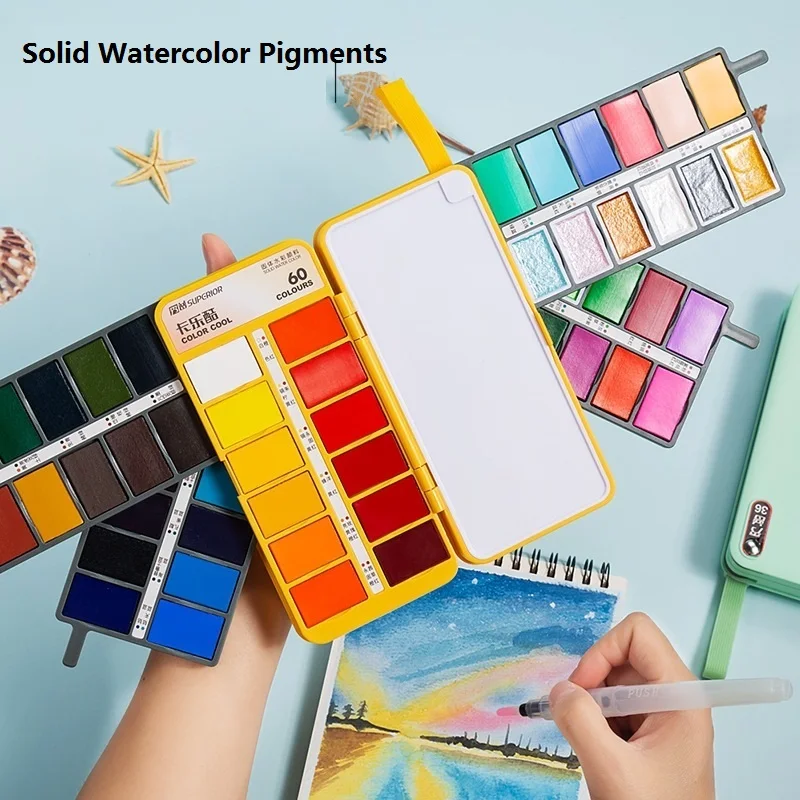 

36/48/60 Color Solid Watercolor Acuarelas 예술용품 Fan-Shaped Paint Set Portable Painting Art Supplies Pearlescent Macaron Colors