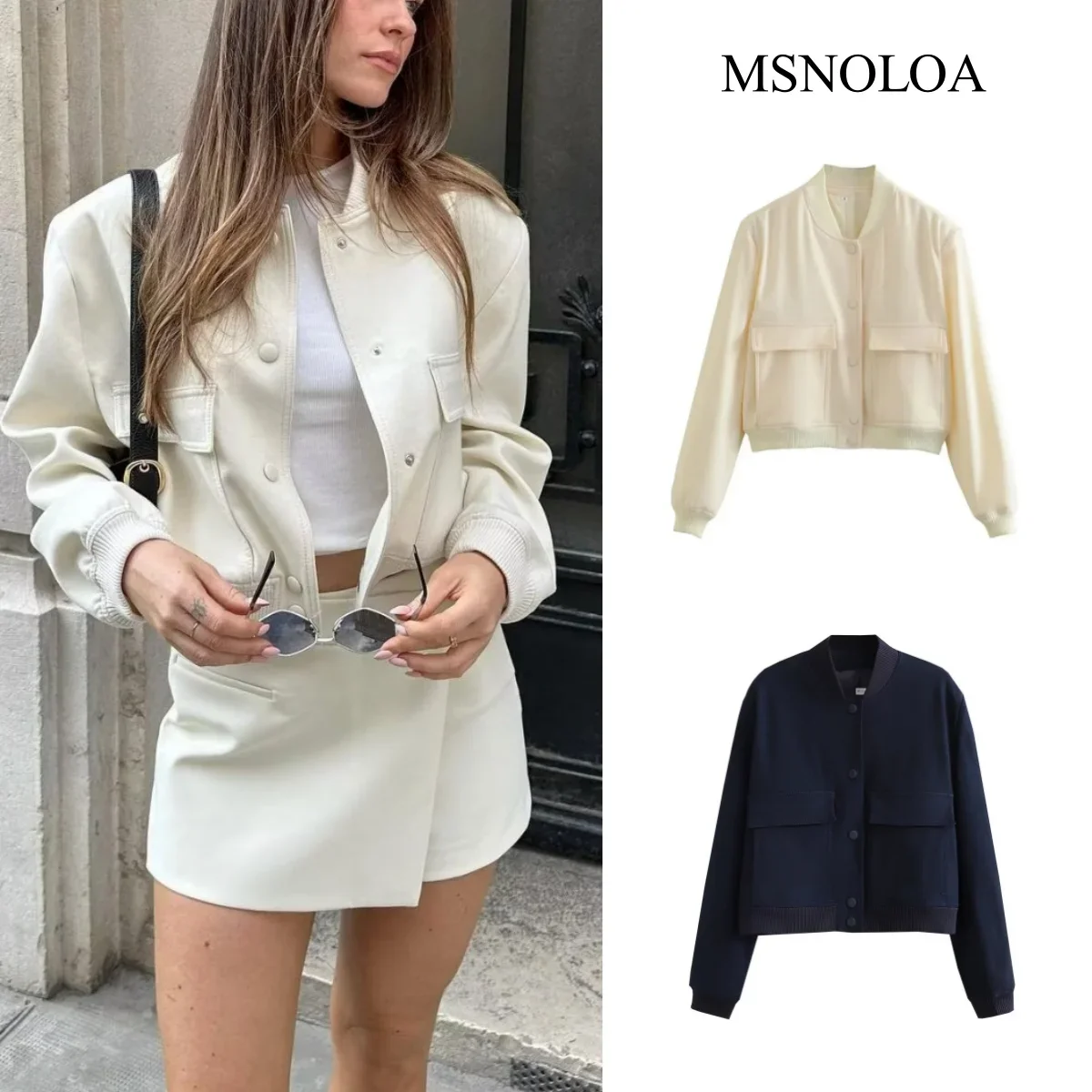 MSNOLOA 2024 Woman Bomber Jacket White Autumn Winter Button Cropped Jackets for Women Fashion Long Sleeve Crop Outerwear