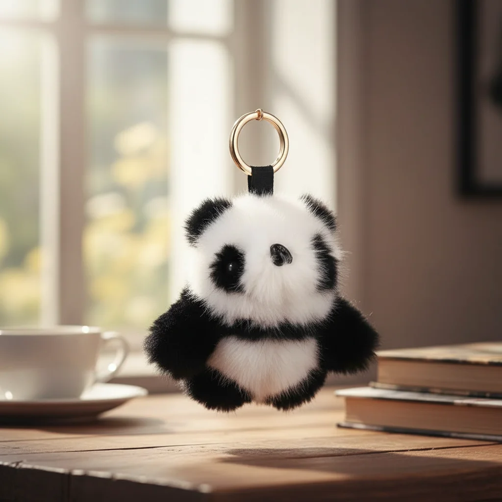 모조 밍크 퍼 판다 털 열쇠고리 가방 장식 플러시 장난감 작은 판다 플러시 인형 금속 링 귀여운 밍크 털 열쇠고리