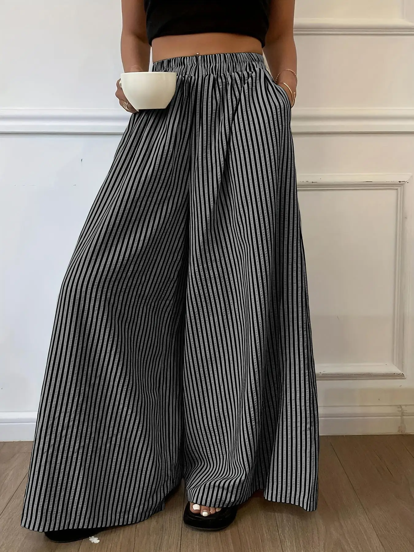 

Fashionable Wide Leg Pants Casual Elastic Waist Wide Leg Pants Loose High Rise Wide Leg Pants Easy Chic Office Trousers